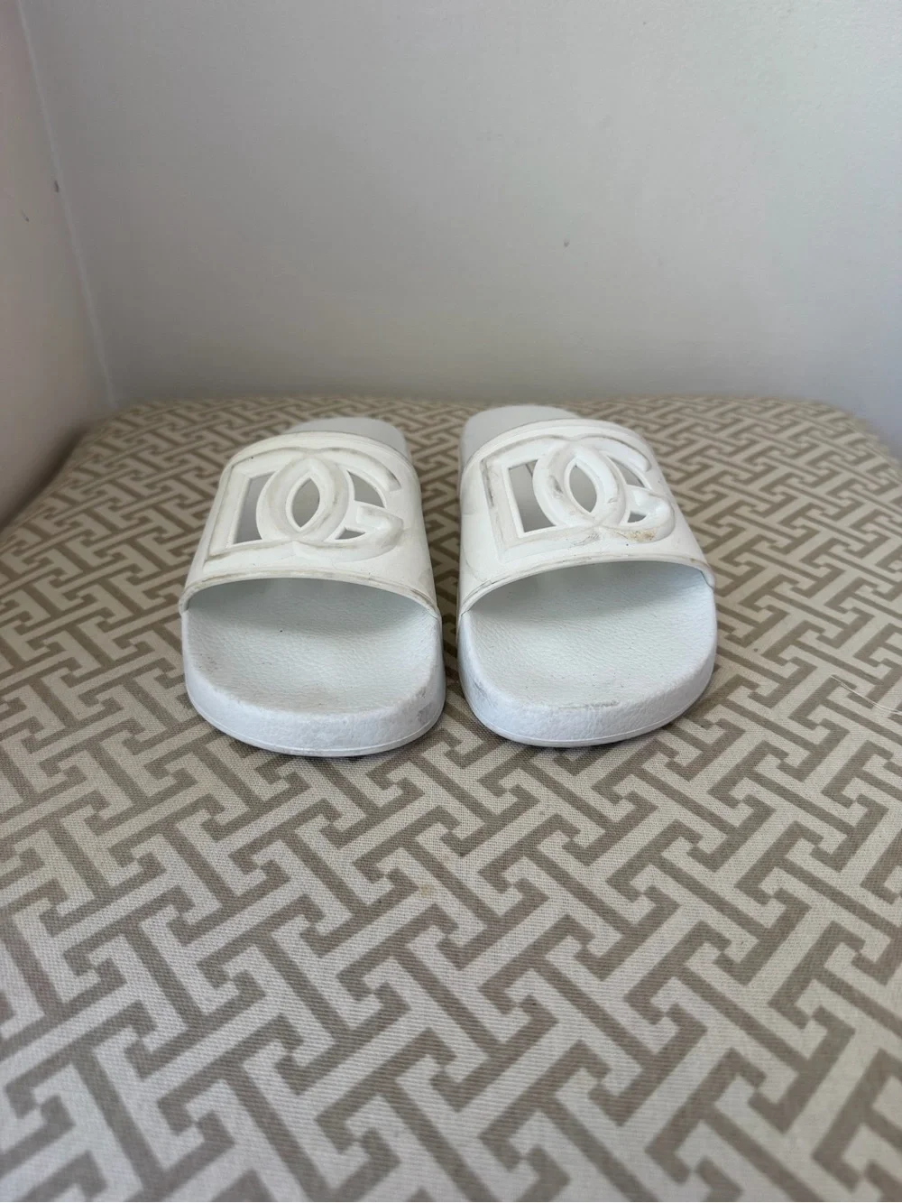 Dolce & Gabbana White Logo Slide Sandals + White Jimmy Choo Slide Sandals